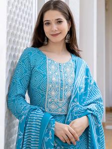Blue Rayon Quick Dry Multi-Season <b>Kurta</b> Set Printed Dupatta Traditional Wear <b>for</b> <b>Women</b> India Pakistan Casual Midi Length Regular - Product Image 1