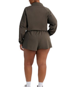 Conjunto Casual de 2 Piezas para Mujer, Color Sólido, Sudadera con Capucha y Cremallera de Manga Larga con Pantalones Cortos, Corte Regular, Transpirable, Poliéster/Algodón, Ropa de Otoño - Product Image 5