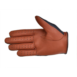 Gants de conduite sportifs en cuir marron faits à la main, demi-doigts, compatibles écran tactile, respirants, avec sangle de poignet réglable pour hommes - Product Image 1