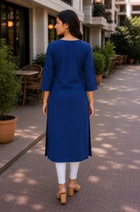 Women Ethanic Blue Embroidered Cotton Kurta Ankle Length Traditional Casual Wear India Pakistan Style Regular Fit <b>Kurtis</b> - Product Image 5