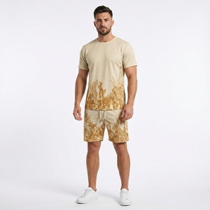 Men's <b>Flame</b> Print Sporty T-<b>Shirt</b> And Shorts Set Crew Neck Quick Dry Polyester Spandex Knitted Summer Workout Wear - Product Image 2