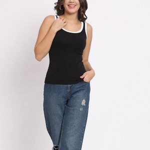 Womens Contrast Binding <b>Tank</b> <b>Top</b> Black Ribbed Cotton Scoop Neck Ringer Vest Manufacturer - Product Image 1