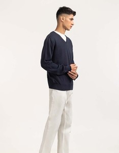Pull en tricot à col en V pour homme, bleu marine, manches longues, couleur unie, style automne, coupe classique - Product Image 4