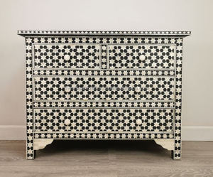 Buffet/Table Console en Bois Massif Noir Antique à 4 Tiroirs avec Incrustation Osseuse Élégant Design Vintage Salon Bureau - Product Image 1