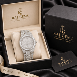 นาฬิกา RAJ GEMS หรูหรา ประดับคริสตัลโมอิสซาไนต์ สายสแตนเลสสตีลขนาด 20 มม. หน้าปัดเลขโรมัน ระบบควอตซ์ กันน้ำ - Product Image 1