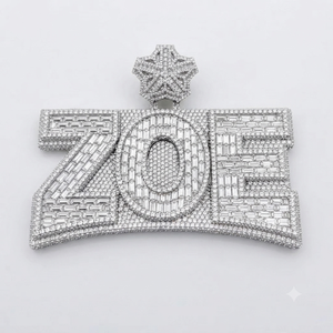 Pendentif personnalisé en argent 925 plaqué rhodium avec initiale de nom, serti de moissanite taille baguette, style hip-hop, pour soirée - Product Image 1