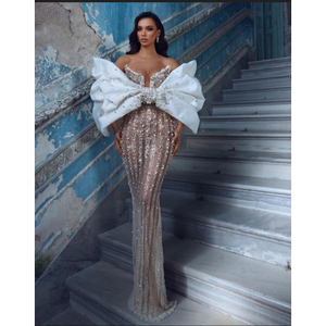ชุดราตรีดีไซน์เนอร์คริสตัลโบว์คูตูร์ประดับลูกปัด แขนเสื้อโบว์ทรงเมอร์เมด ชุดราตรีหรูหราสไตล์โอตกูตูร์ ชุดเจ้าสาวและชุดราตรีสุดหรู - Product Image 1
