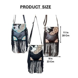 Bolso de Mano Cruzado de Cuero Vacuno con Flecos y Diseño Floral de Primera Calidad para Mujer, Bolso de Hombro Vintage de Lujo de Diseñador - Product Image 2