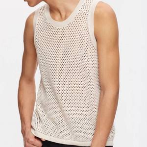 Chaleco de punto hueco para hombre, camiseta sin mangas de algodón con cuello redondo blanco para verano, color liso - Product Image 2