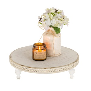 Plateau sur pied en bois blanc perlé, style rustique, rond, décoratif, pour table basse, cuisine, présentation à domicile - Product Image 1
