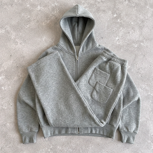 Ensemble de survêtement unisexe gris à capuche avec fermeture éclair intégrale, sweat-shirt et pantalon en coton, couleur unie décontractée, coupe ample, pour l'automne - Product Image 1