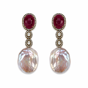 Luxury Baroque Mother Pearl <b>Drop</b> <b>Earrings</b> Natural <b>Red</b> Sapphire Polki Diamond CZ Long Dangle Minimalist 925 Silver Rhodium - Product Image 1