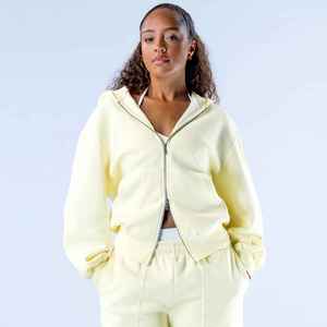 Sweat-shirt à capuche jaune clair pour femme, coupe régulière, en molleton, décontracté, en coton tricoté, couleur unie, avec poches - Product Image 1