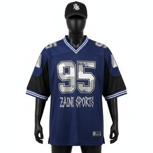 T-shirt 100 % coton pour homme, coupe ample, imprimé, maillot de football en maille épaisse, panneaux d'épaule gris marine, logo personnalisé thermocollé - Product Image 1