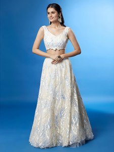Lehenga Choli de malla tejida blanca con lentejuelas bordadas, conjunto Anarkali moderno hasta la rodilla para fiesta de bodas, atuendo femenino - Product Image 3