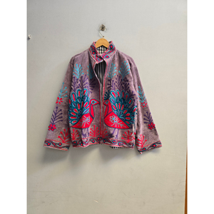 Veste courte zippée pour femme, col mandarin, manches chauve-souris, motif animal brodé, style Prairie Chic - Product Image 6
