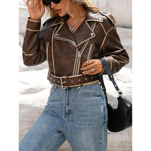 Women <b>Long</b> Sleeve Outerwears Cropped Bomber Jacket Faux Leather Autumn Winter Vintage Short <b>Coats</b> - Product Image 5