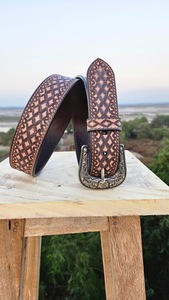 LEATHERCART Classic Diamond <b>Tooled</b> Genuine <b>Leather</b> Belt Rustic Western Buckle Premium Cowboy Finish Waterproof Durable - Product Image 3