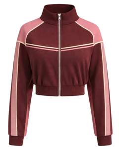 Veste de sport courte pour femme, rose bordeaux, zippée, avec rayures contrastées, pour le fitness et la gym, fabriquée sur mesure. - Product Image 1