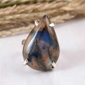 SHYAM JEWELRS Dainty 925 Sterling <b>Silver</b> Blue Fire Labradorite <b>Ring</b> Handmade Natural Pear Gemstone <b>Adjustable</b> Band Minimalist - Product Image 1
