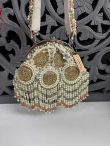 Handcrafted <b>Beaded</b> Evening Bag with Pearl Fringe, Gold Frame Clutch <b>Purse</b> for Women - Product Image 1
