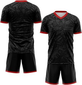 Maillot de football personnalisé sublimé pour homme, noir et rouge, col en V, manches courtes, 100 % polyester respirant, nom de l'équipe imprimé, toutes saisons - Product Image 3