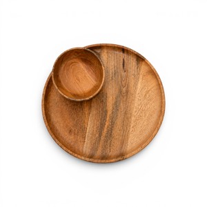 Handcrafted Wooden Round Serving Tray with Bowl | Wooden Chip and Dip <b>Platter</b> Set | Round Snack Serving Plate - Product Image 1