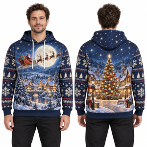 Men's Christmas Hoodie Santa Sleigh Moon Snow Village Print Casual Winter Sweatshirt with Pocket Design - Product Image 6