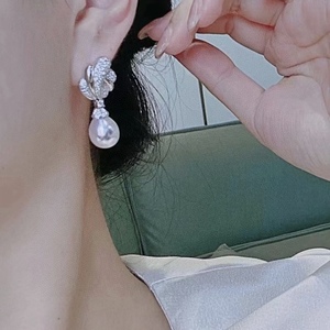 Heavy Industry's Exquisite Hong Kong Style 7-6mm Natural Pearl Earrings Flawless <b>Ribbon</b> Bow Design Pure <b>Silver</b> Thick Version - Product Image 4