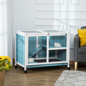 Ruote per vassoi da interno a 2 piani per conigli da interno luce blu rampa porte chiudibili a chiave per piccoli animali Cavie in legno mobili da coniglietto - Product Image 2