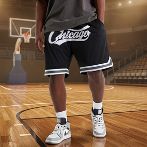 <b>Men's</b> Black Basketball <b>Shorts</b> With <b>White</b> Logo And Side Stripes Quick Dry Sporty Style Elastic Waist Mid Length - Product Image 5