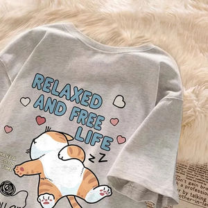 Camiseta de Verano con Estampado de Gato Perezoso de Dibujos Animados, Camiseta de Manga Corta para Parejas, Top Holgado Informal para Mujer - Product Image 6