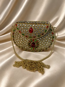 Bolso Mini con Cadena de Diamantes de Imitación y Forro de Terciopelo, Cartera con Solapa Dorada, Bolso de Mano Decorativo para Fiestas y Bodas - Product Image 1