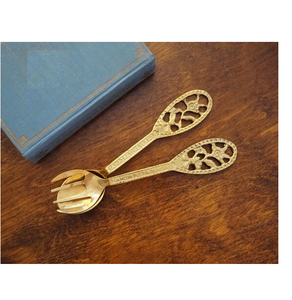 Ensemble de serveurs à salade en acier inoxydable et laiton, design feuille, 6 pièces, pour mariages et fêtes, boîte noire - Product Image 4