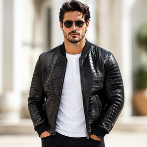 Chaqueta Bomber de Cuero Grabado para Hombre LEATHER SPOT - Diseño a Cuadros Transpirable Casual de Verano - Product Image 1