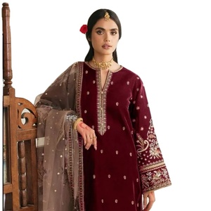 Salwar Kameez en soie pakistanaise non cousu avec broderie et dupatta, collection en velours - Product Image 1