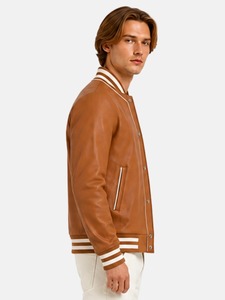 Men's <b>Brown</b> PU <b>Leather</b> Varsity <b>Jacket</b> With White Stripes Turn-down Collar Zipper Closure Casual Style Regular Fit - Product Image 5