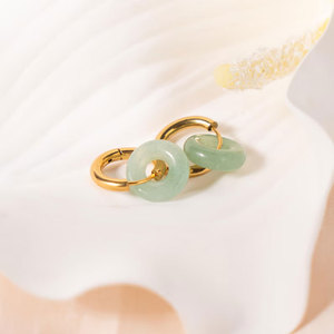 <b>Gold</b> Hoop <b>Earrings</b> with Green Jade Donut Charm Minimalist <b>Dangle</b> Boho Chic Jewelry Gift for Women - Product Image 1