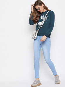 Sudadera de cuello redondo para mujer con estampado de ciervo blanco, top informal de invierno de algodón azul oscuro - Product Image 3