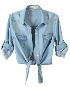 Chemisier en jean chambray court pour femme, à nouer devant, manches 3/4 retroussables, boutonné, style décontracté western cowgirl, écoresponsable - Product Image 6