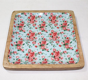 Manufacturer Direct Selling Square mango wooden Enamel Print inlay <b>Tray</b> for Fruit Food Decor <b>Tray</b> for table decor and tableware - Product Image 1