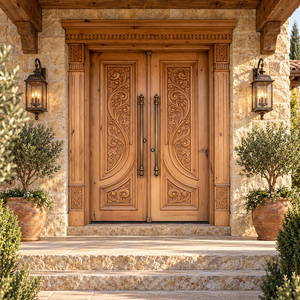 Puertas Dobles de Entrada de Madera Maciza Tradicionales con Diseño Tallado para Uso Exterior - Product Image 6