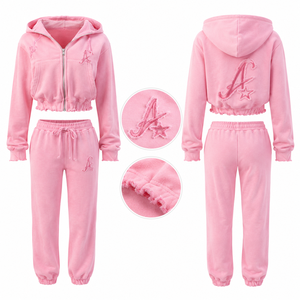 Women Y2K Distressed Zip Hoodie Jogger <b>Tracksuit</b> Set 2 Piece Crop Sweatsuit Lounge Wear Workout Outfit OEM ODM Custom Logo - Product Image 6