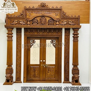Puerta de Madera de Teca Tallada a Mano, Tradicional y Profesional, con Motivos de Elefantes y Leones, para Entrada de Sala de Pooja, Estilo Real - Product Image 5
