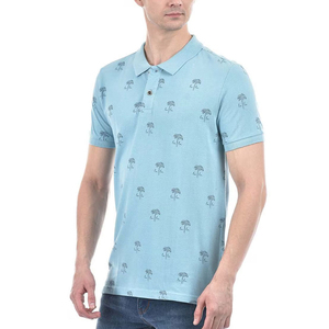 Polo pour homme bleu clair à imprimé palmiers, manches courtes, décontracté, en coton Oxford, coupe classique, respirant, tissage tissé - Product Image 3