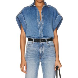 Camisa Casual de Mezclilla para Mujer, de Algodón, con Botones y Solapa, Manga Larga, Ajuste Holgado, Estilo Western Azul, Top Cómodo - Product Image 1