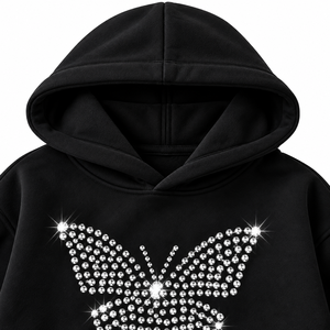 Sudadera con Capucha Negra para Mujer con Pedrería de Mariposa, Estilo Casual Urbano, Forro Polar, con Logotipo Personalizado, a la Moda - Product Image 3