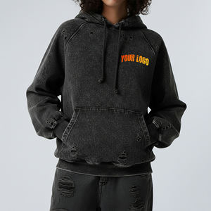 Sweat-shirt à capuche noir pour femme en mélange de coton tricoté, manches longues, effet délavé, logo frontal, collection automne, vente en gros - Product Image 1