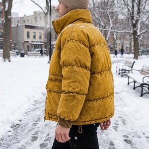 Mens Mustard <b>Yellow</b> <b>Puffer</b> <b>Jacket</b> Winter Quilted Warm Lightweight Zip Up High Collar Insulated Outdoor Coat - Product Image 2