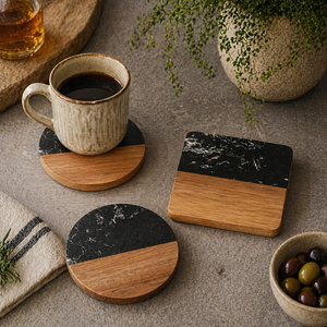 Wooden <b>Marble</b> Coaster <b>Set</b> for Tea <b>Coffee</b> Glass Mug Heat Resistant <b>Table</b> Mat Accessories Premium Quality Finish - Product Image 5